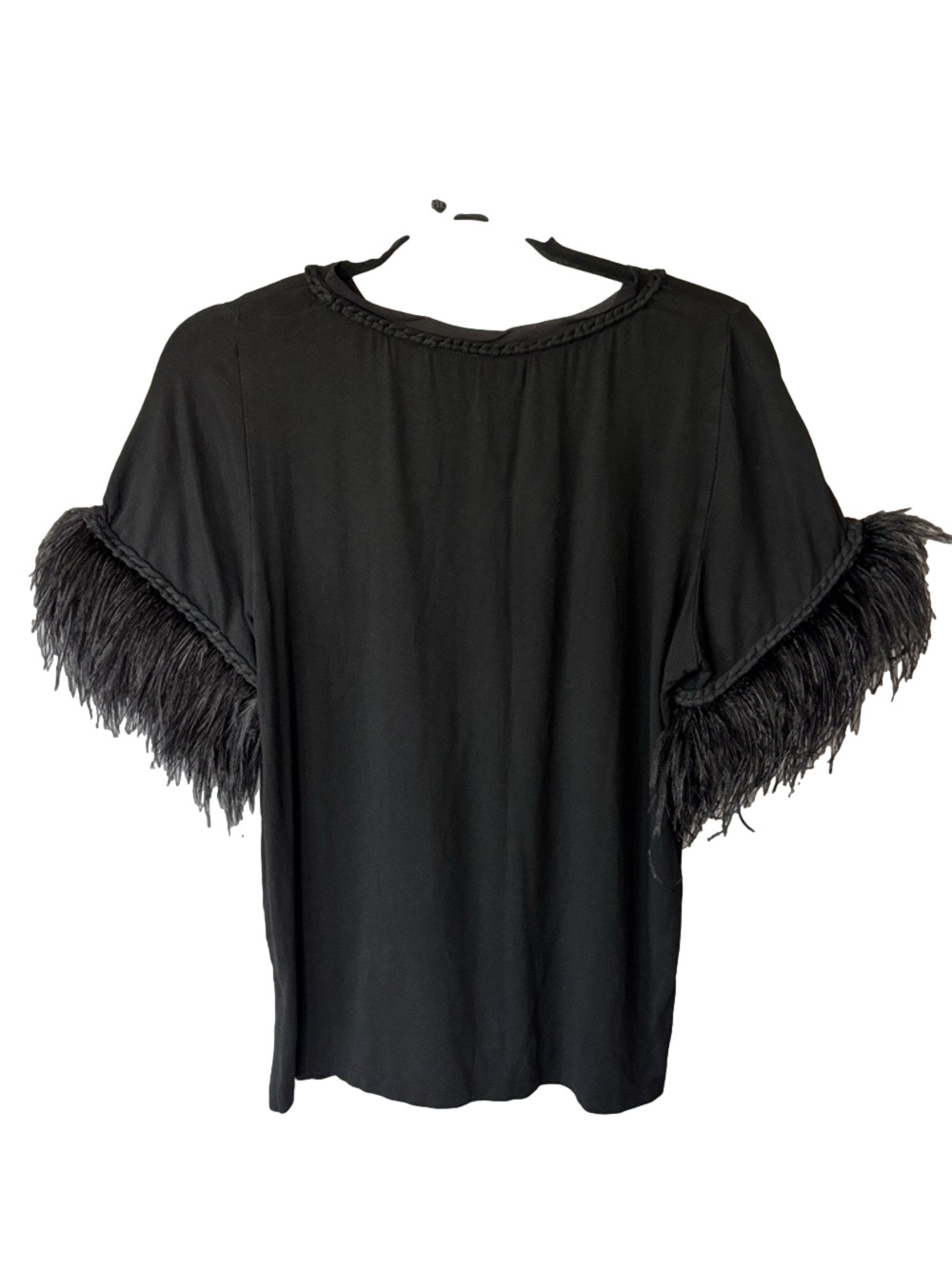 Kobi Halperin Black Feather Trim Miley Top Braided Neckline Blouse Chic Glam - Picture 6 of 9